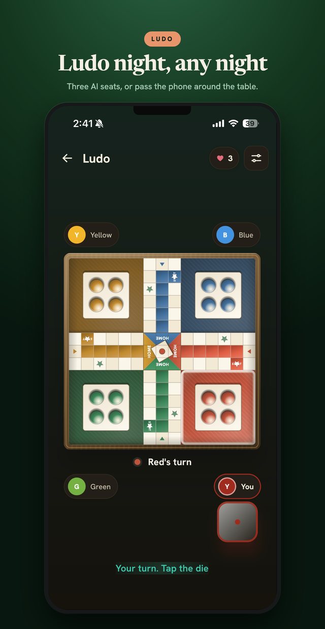 Ludo — a four-colour board mid-race, with Red to move.