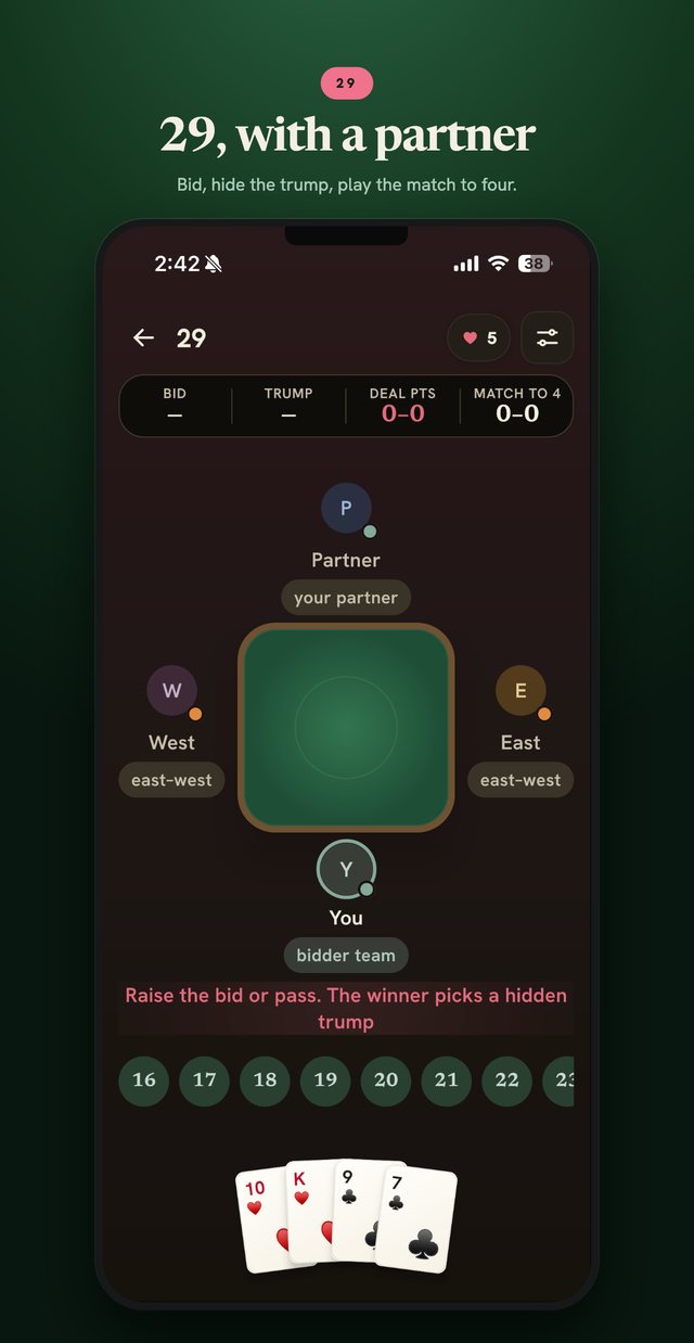 29 — bidding and partner play with trump chosen.