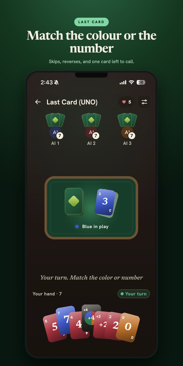Last Card — the UNO-style card game with a hand ready to play.