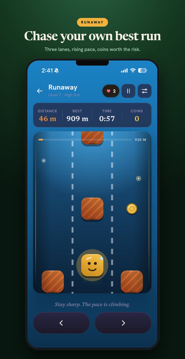 Runaway — dodging obstacles across three lanes as the pace climbs.